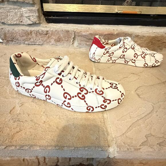 Gucci Ace GG Tennis Print Leather Sneakers White Red Green 8.5 Designer Luxe